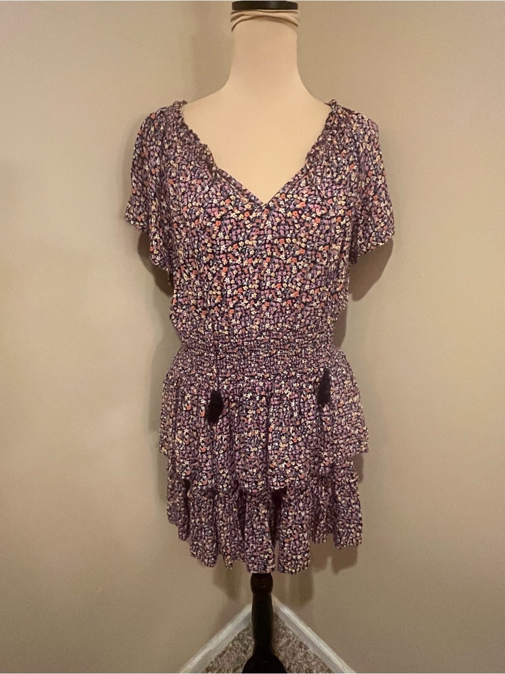 Patrons off Peace  Fairy Floral Tiered Ruffle Mini Dress, tassel tie neck,Large